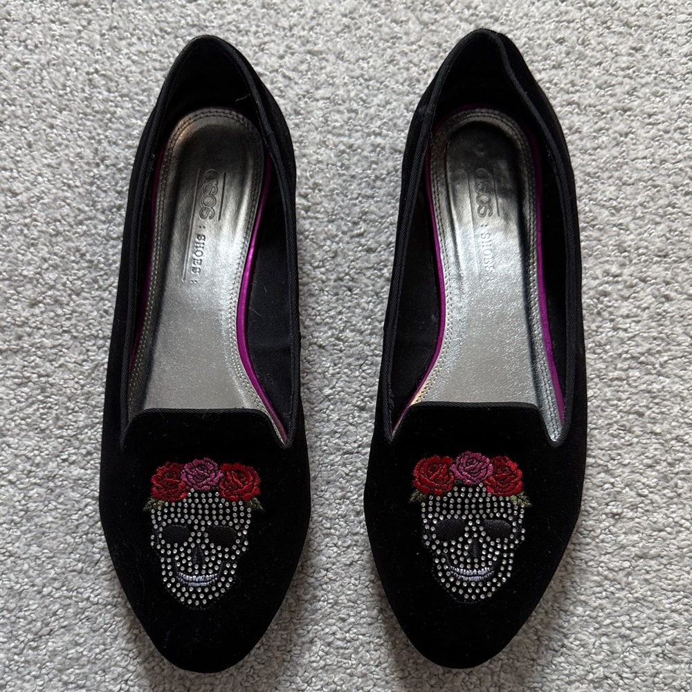 ASOS Black Velvet Skull Embroidered Flats with Red & Pink Roses